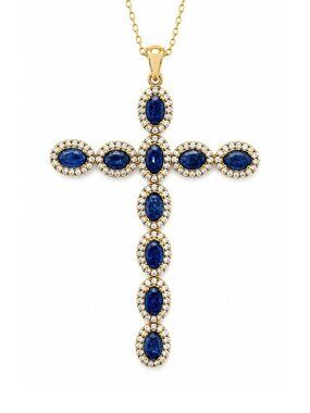 Genuine 6.10 Cts Blue & White Sapphire Cross Necklace 14k Gold Plated (.925)